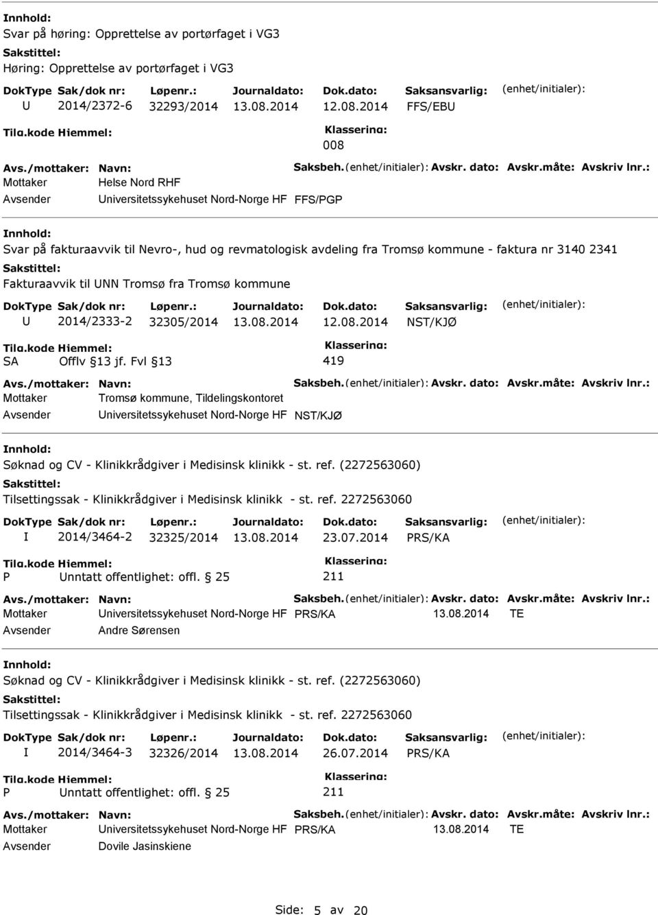 fra Tromsø kommune 2014/2333-2 32305/2014 SA 419 Avs./mottaker: Navn: Saksbeh. Avskr. dato: Avskr.måte: Avskriv lnr.