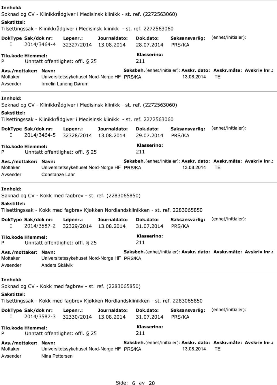 : Mottaker niversitetssykehuset Nord-Norge HF TE Constanze Lahr Søknad og CV - Kokk med fagbrev - st. ref. (2283065850) Tilsettingssak - Kokk med fagbrev Kjøkken Nordlandsklinikken - st. ref. 2283065850 2014/3587-2 32329/2014 31.