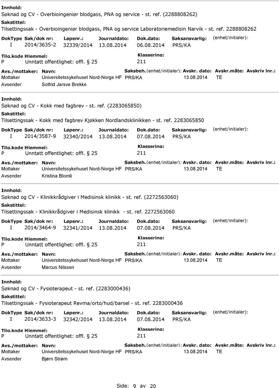 (2283065850) Tilsettingssak - Kokk med fagbrev Kjøkken Nordlandsklinikken - st. ref. 2283065850 2014/3587-9 32340/2014 07.08.2014 Avs./mottaker: Navn: Saksbeh. Avskr. dato: Avskr.måte: Avskriv lnr.