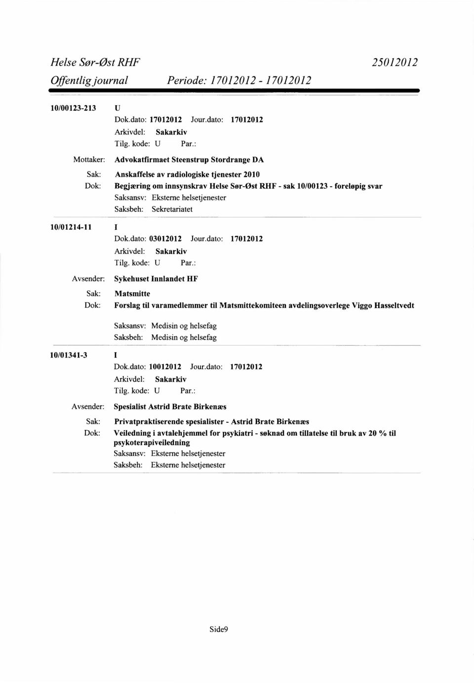 Eksterne helsetjenester Sekretariatet 10/01214-11 Dok.dato: 03012012 Jour.