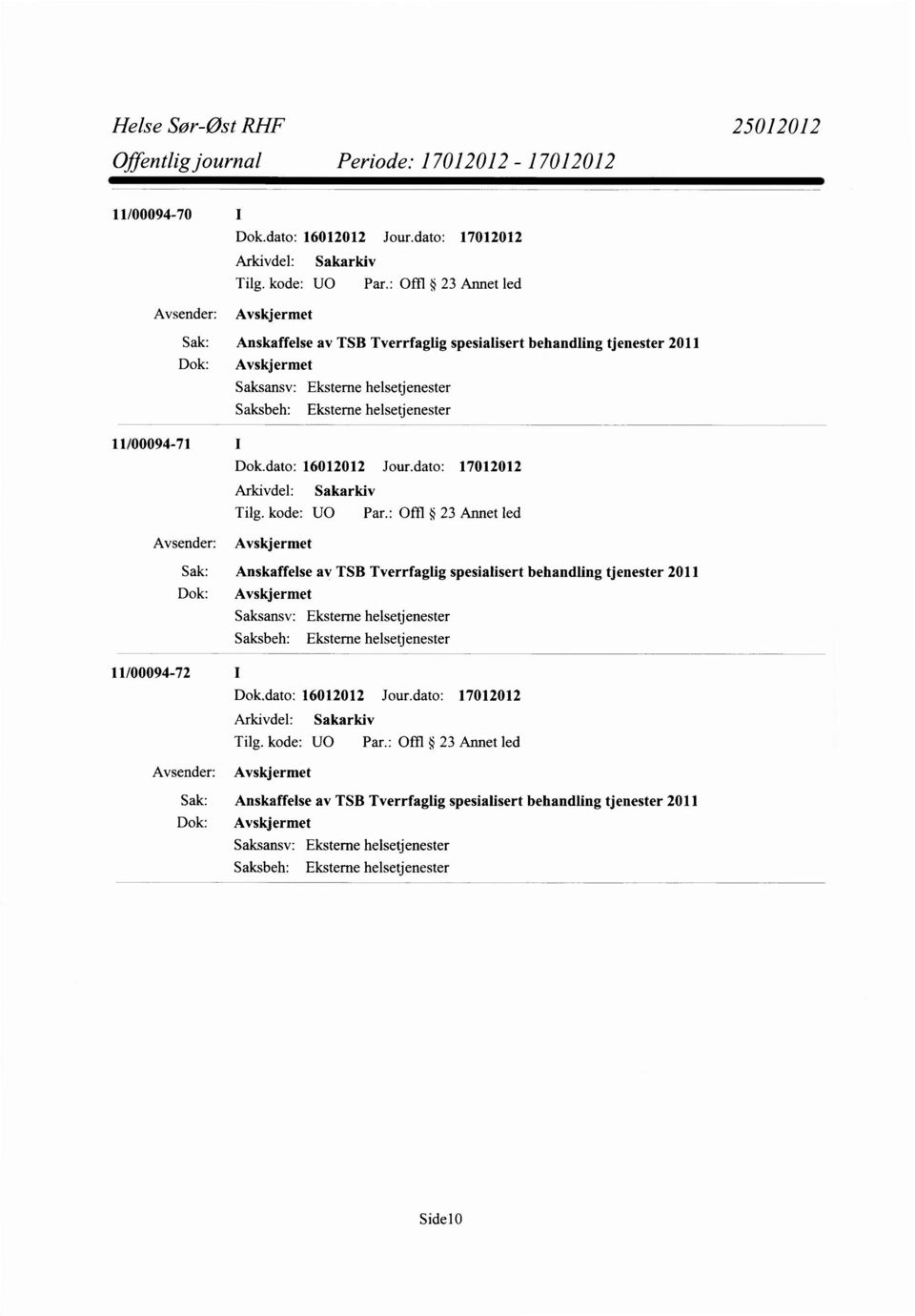 spesialisert behandling tjenester 2011 Dok: Avskjermet Eksterne helsetjenester Eksterne helsetjenester 11/00094-72 0 Offl 23 Annet led Avsender: