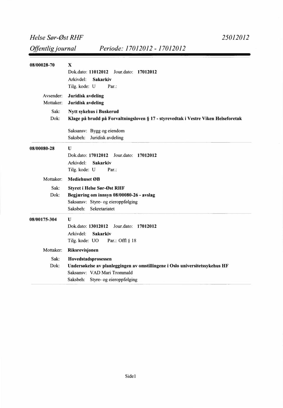 Helseforetak Bygg og eiendom Juridisk avdeling 08/00080-28 Mottaker: Sak: Dok: 08/00175-304 Dok.dato: 17012012 Jour.