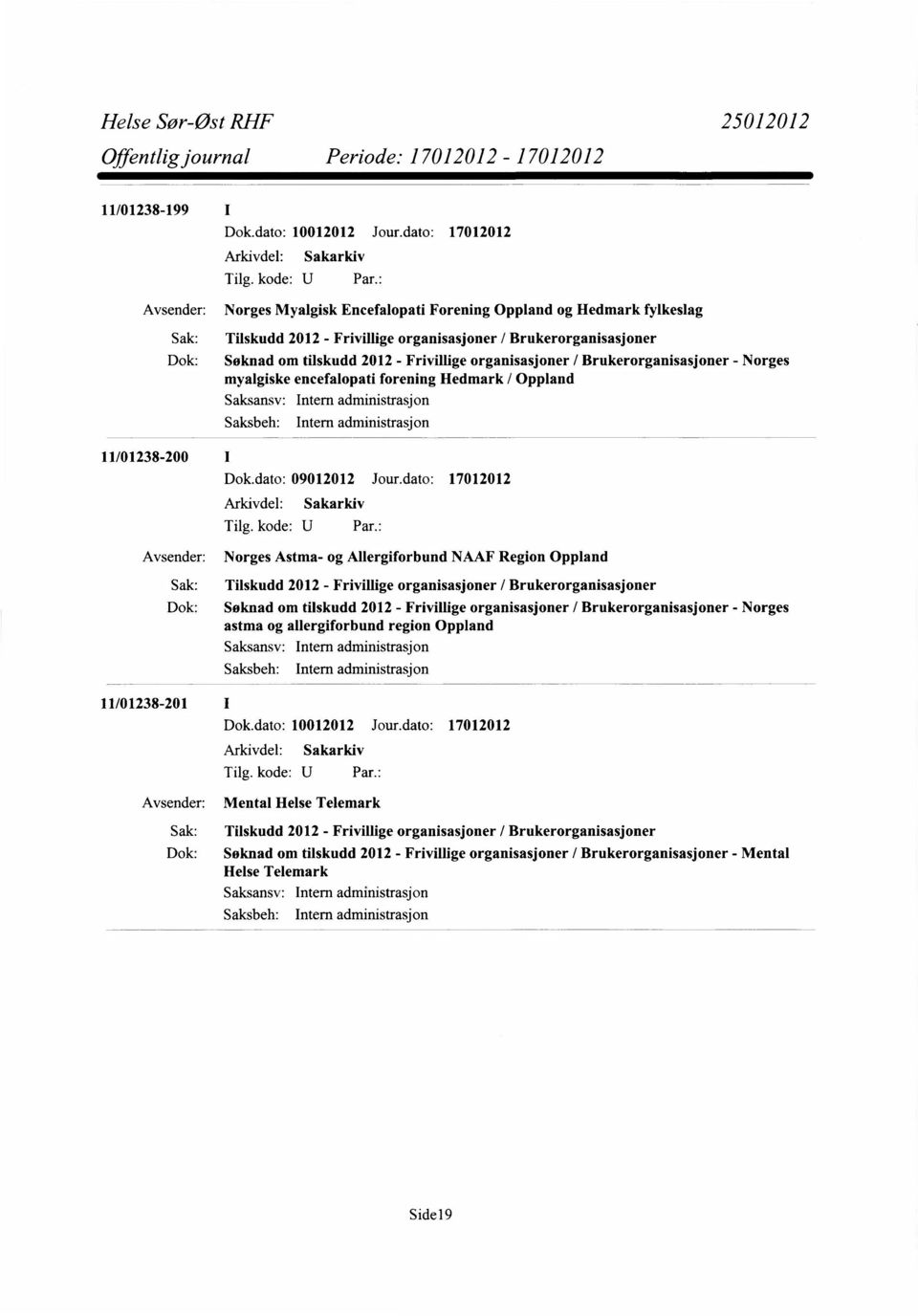 Frivillige organisasjoner / Brukerorganisasjoner - Norges myalgiske encefalopati forening Hedmark / Oppland 11/01238-200I Dok.dato: 09012012 Jour.