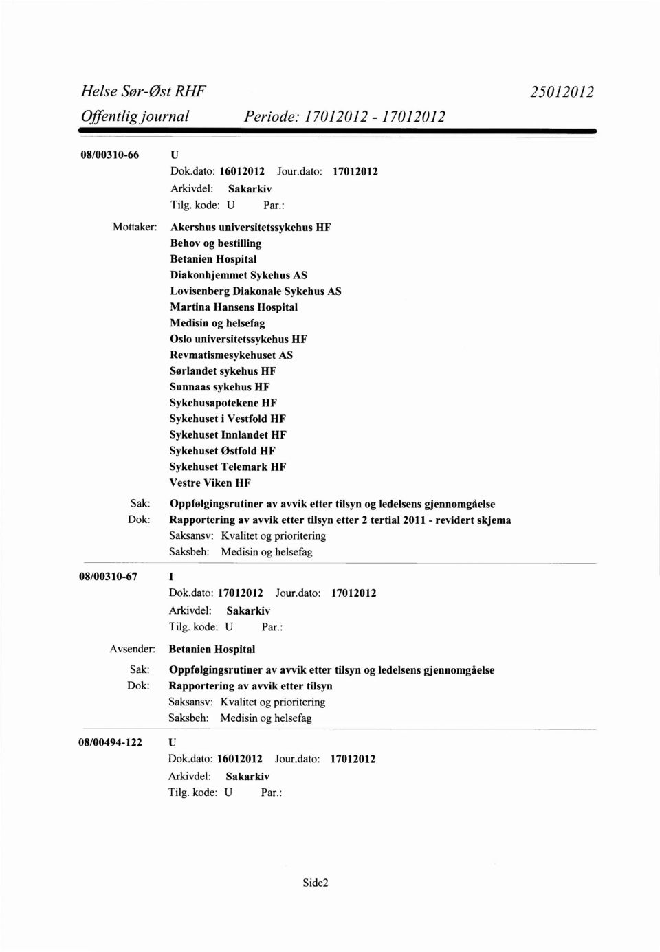 Østfold HF Sykehuset Telemark HF Vestre Viken HF Sak: Oppfolgingsrutiner av avvik etter tilsyn og ledelsens gjennomgåelse Dok: Rapportering av avvik etter tilsyn etter 2 tertial 2011 - revidert