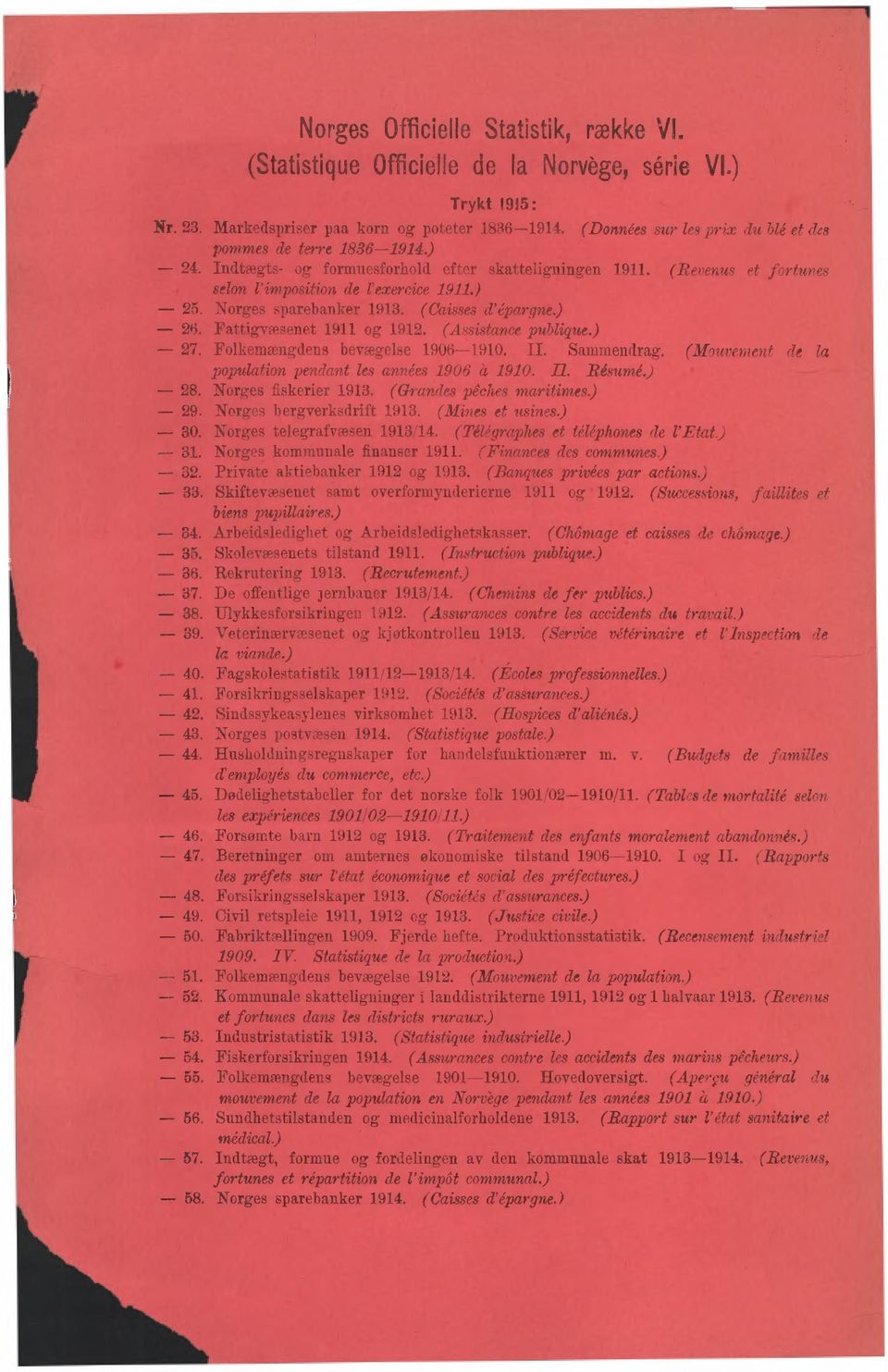 publique) - 7 Folkemængdens bevægelse 906-90 II Sammendrag (Mouvement de la population pendant les années 906 à 90 II Résumé) - 8 Norges fiskerier 9 (Grandes pêches maritimes) - 9 Norges