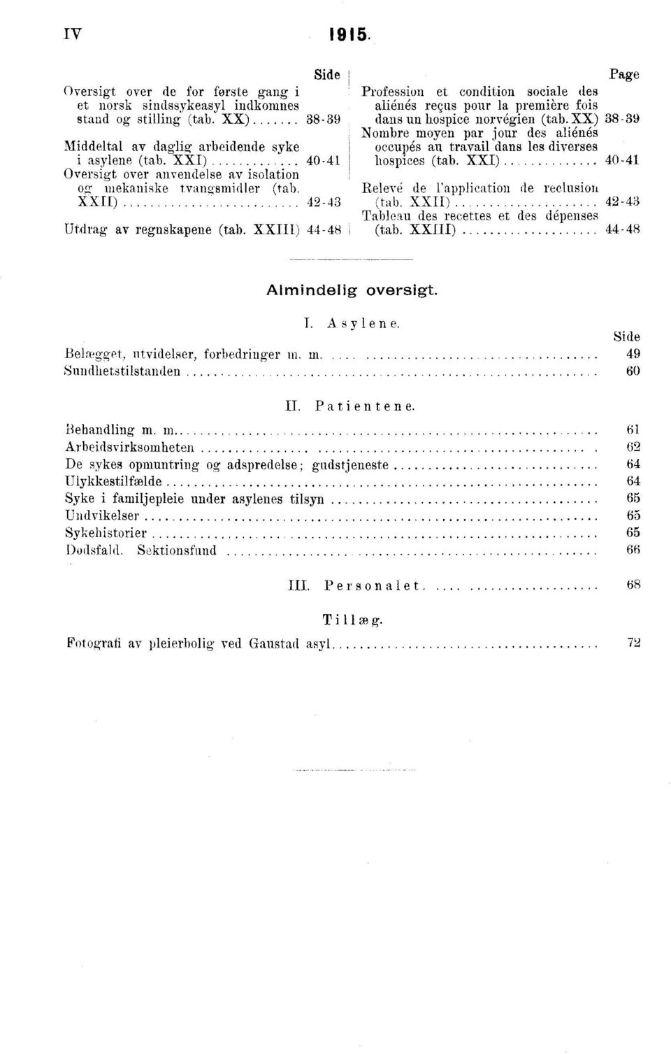 anvendelse av isolation og mekaniske tvangsmidler (tab Releve de l'application de reclusion XXII) - (tab XXII) - Tableau des recettes et des dépenses Utdrag av regnskapene (tab XXIII) -8 (tab XXIII)