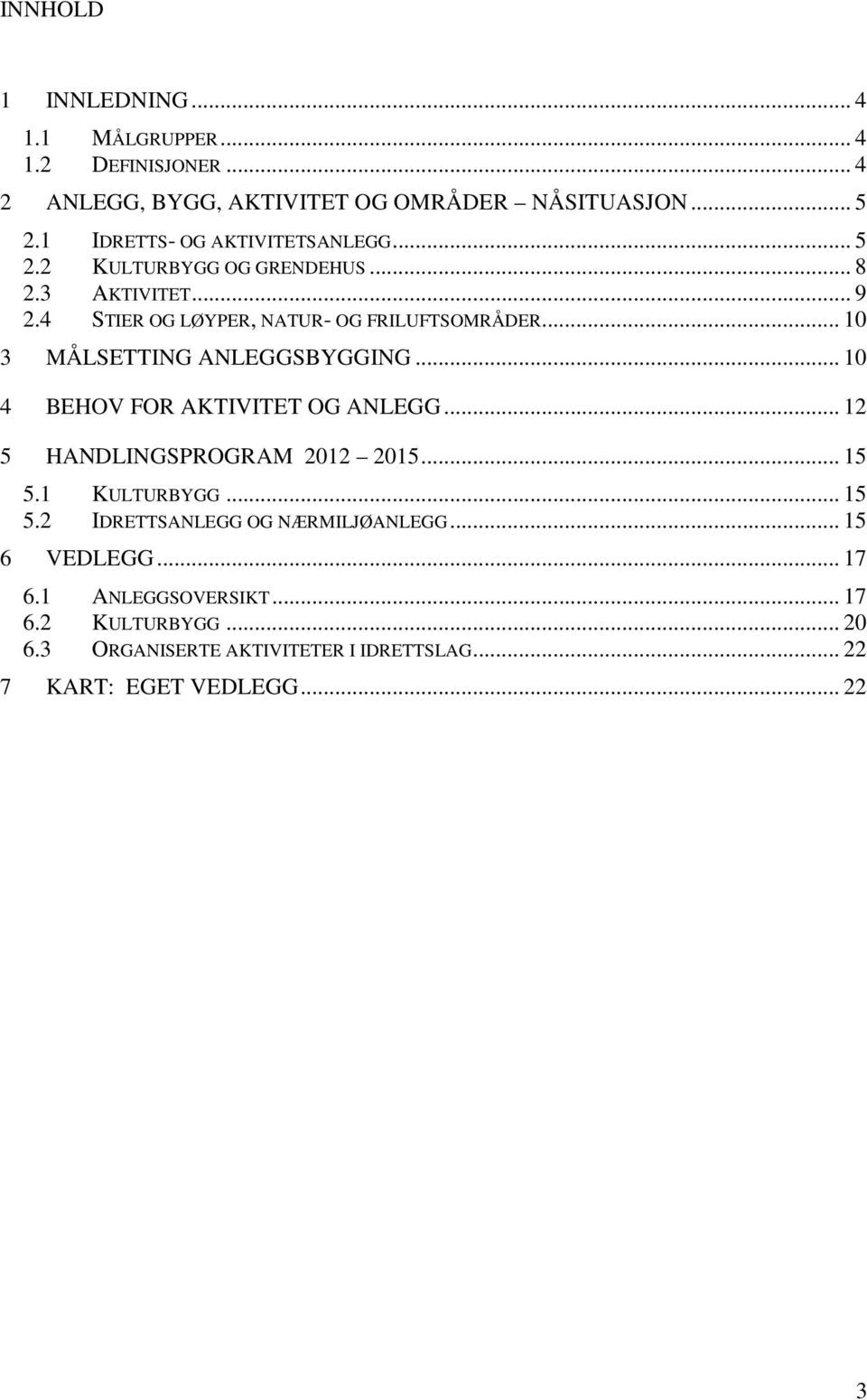 .. 10 3 MÅLSETTING ANLEGGSBYGGING... 10 4 BEHOV FOR AKTIVITET OG ANLEGG... 12 5 HANDLINGSPROGRAM 2012 2015... 15 5.