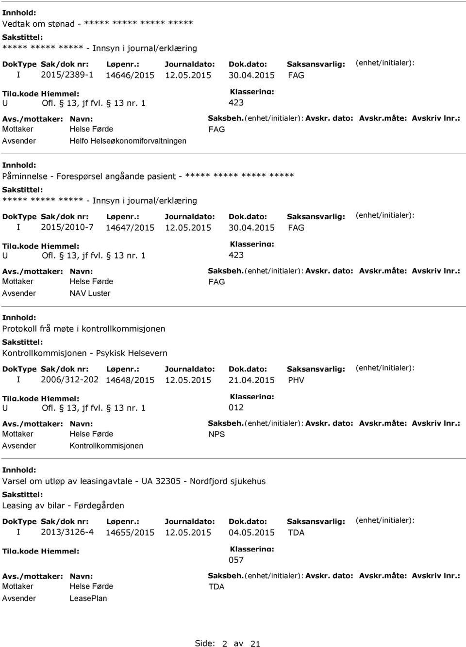 /mottaker: Navn: Saksbeh. Avskr. dato: Avskr.måte: Avskriv lnr.: NAV Luster nnhold: rotokoll frå møte i kontrollkommisjonen Kontrollkommisjonen - sykisk Helsevern 2006/312-202 14648/2015 21.04.