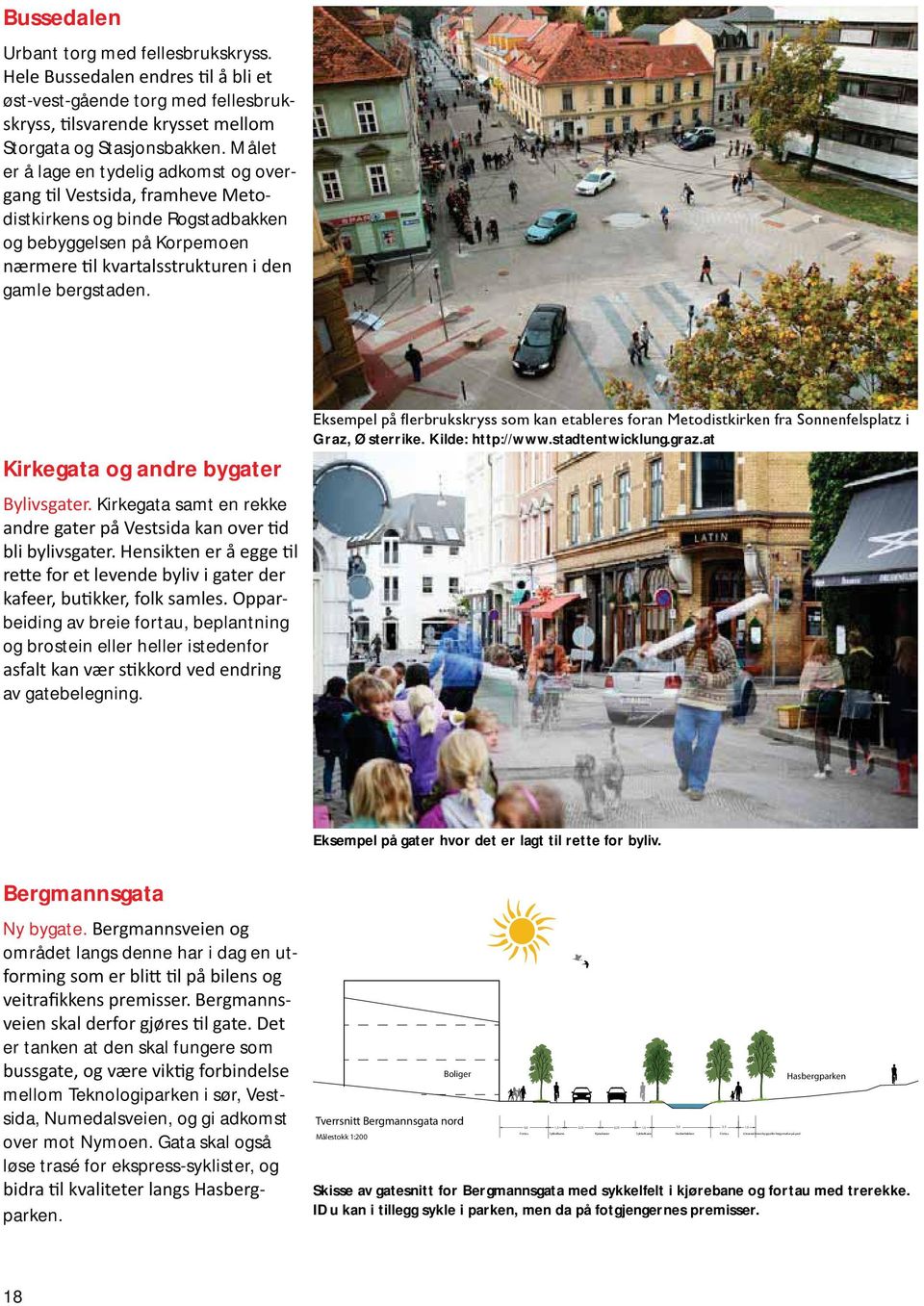 at Eksmpl p gatr hvor dt r lagt til rtt for byliv. Brgmasgata Ny bygat. omrdt lags d har i dag ut r tak at d skal fugr som mllom Tkologipark i sr, Vstsida, Numdalsvi, og gi adkomst ovr mot Nymo.