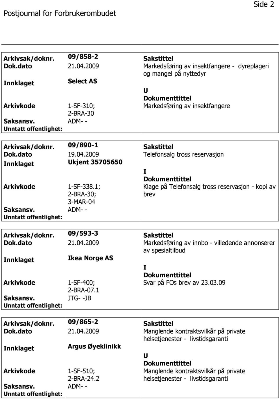 2009 Telefonsalg tross reservasjon nnklaget kjent 35705650 1-SF-338.1; 2-BRA-30; 3-MAR-04 Klage på Telefonsalg tross reservasjon - kopi av brev Arkivsak/doknr. 09/593-3 Sakstittel Dok.dato 21.04.2009 Markedsføring av innbo - villedende annonserer av spesialtilbud nnklaget kea Norge AS 1-SF-400; 2-BRA-07.