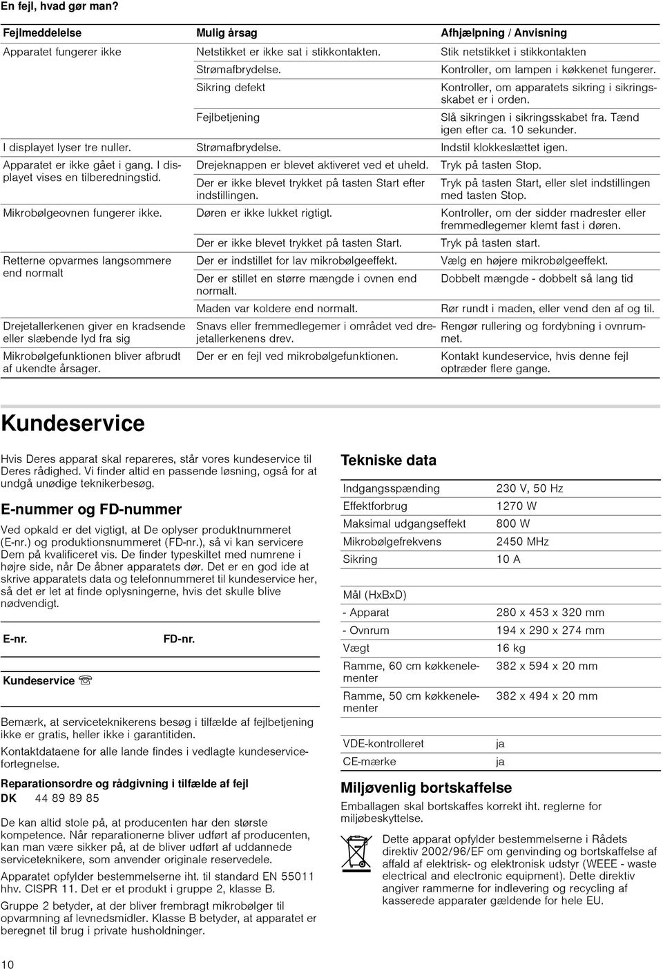 10 sekunder. I displayet lyser tre nuller. Strømafbrydelse. Indstil klokkeslættet igen. Apparatet er ikke gået i gang. I displayet vises en tilberedningstid.