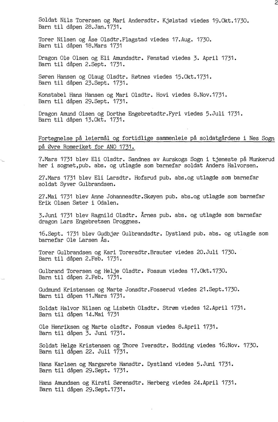 Hovi viedes 8.Nov.1731. Barn til dåpen 29.Sept. 1731. Dragon Amund Olsen og Dorthe Engebretsdtr.Sri viedes 5. Juli 1731. Barn til dåpen 13.0kt. 1731. Fortegnelse på leiermål og fortidlige sammenleie på soldatgårdene i Nes Sogn på &re Romeriket for AN0 1731.