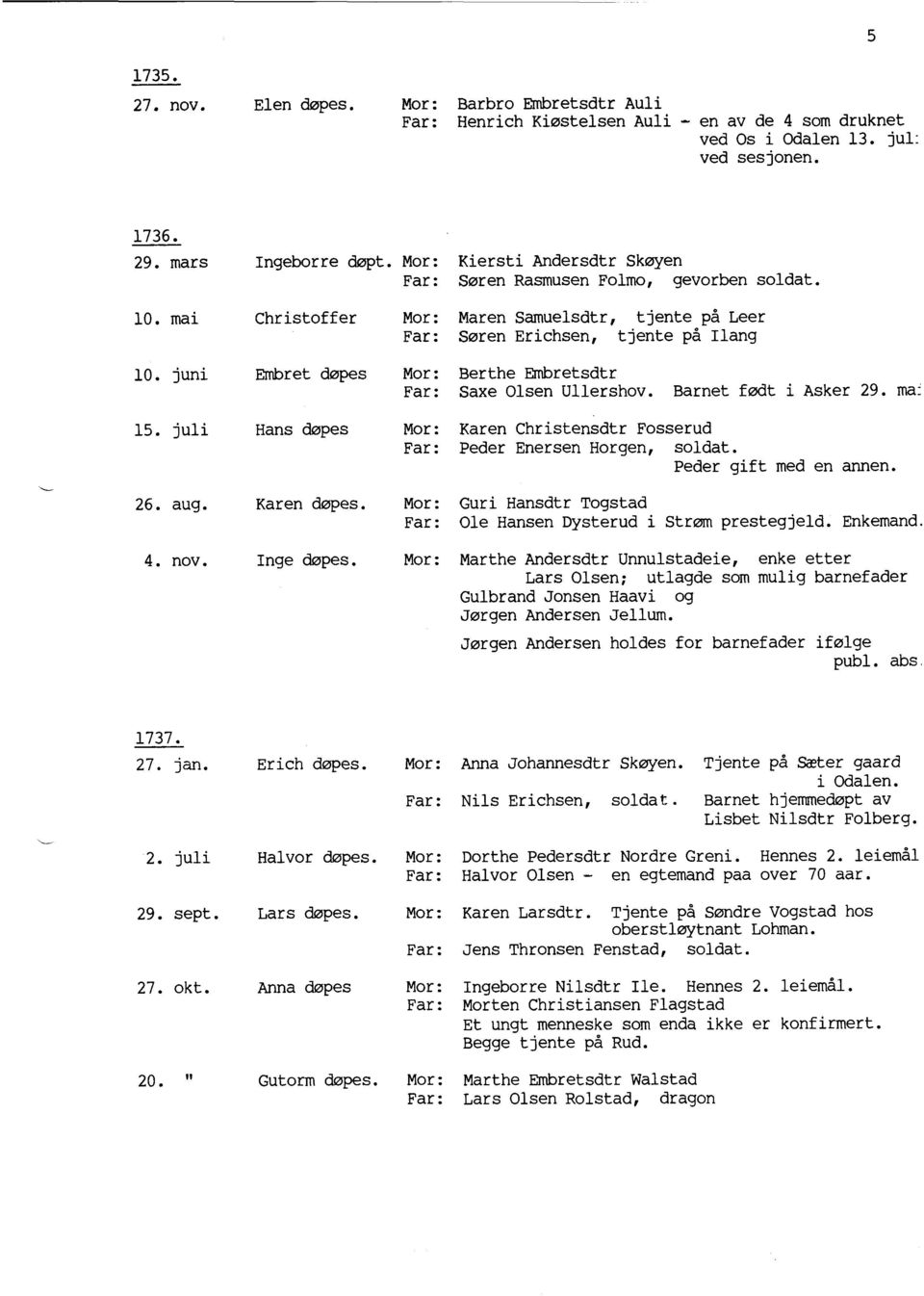 juni Embret døpes Mor: Berthe Embretsdtr Far: Saxe Olsen Ullershov. Barnet født i Asker 29. ma: 15. juli Hans døpes Mor: Karen Christensdtr Fosserud Far: Peder Enersen Horgen, soldat.