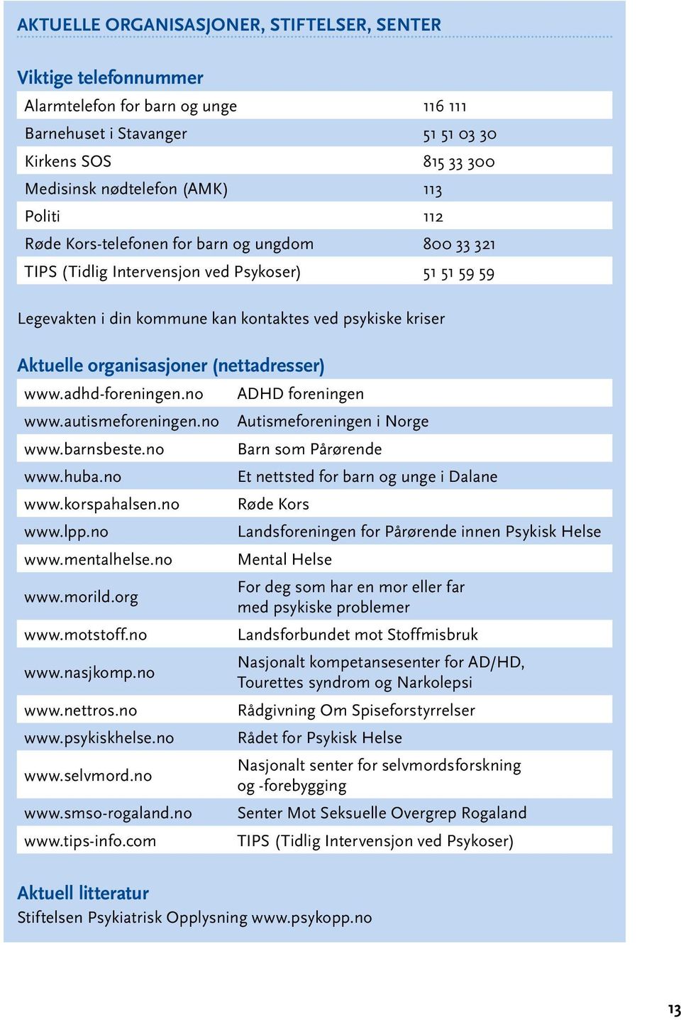 (nettadresser) www.adhd-foreningen.no www.autismeforeningen.no www.barnsbeste.no www.huba.no www.korspahalsen.no www.lpp.no www.mentalhelse.no www.morild.org www.motstoff.no www.nasjkomp.no www.nettros.