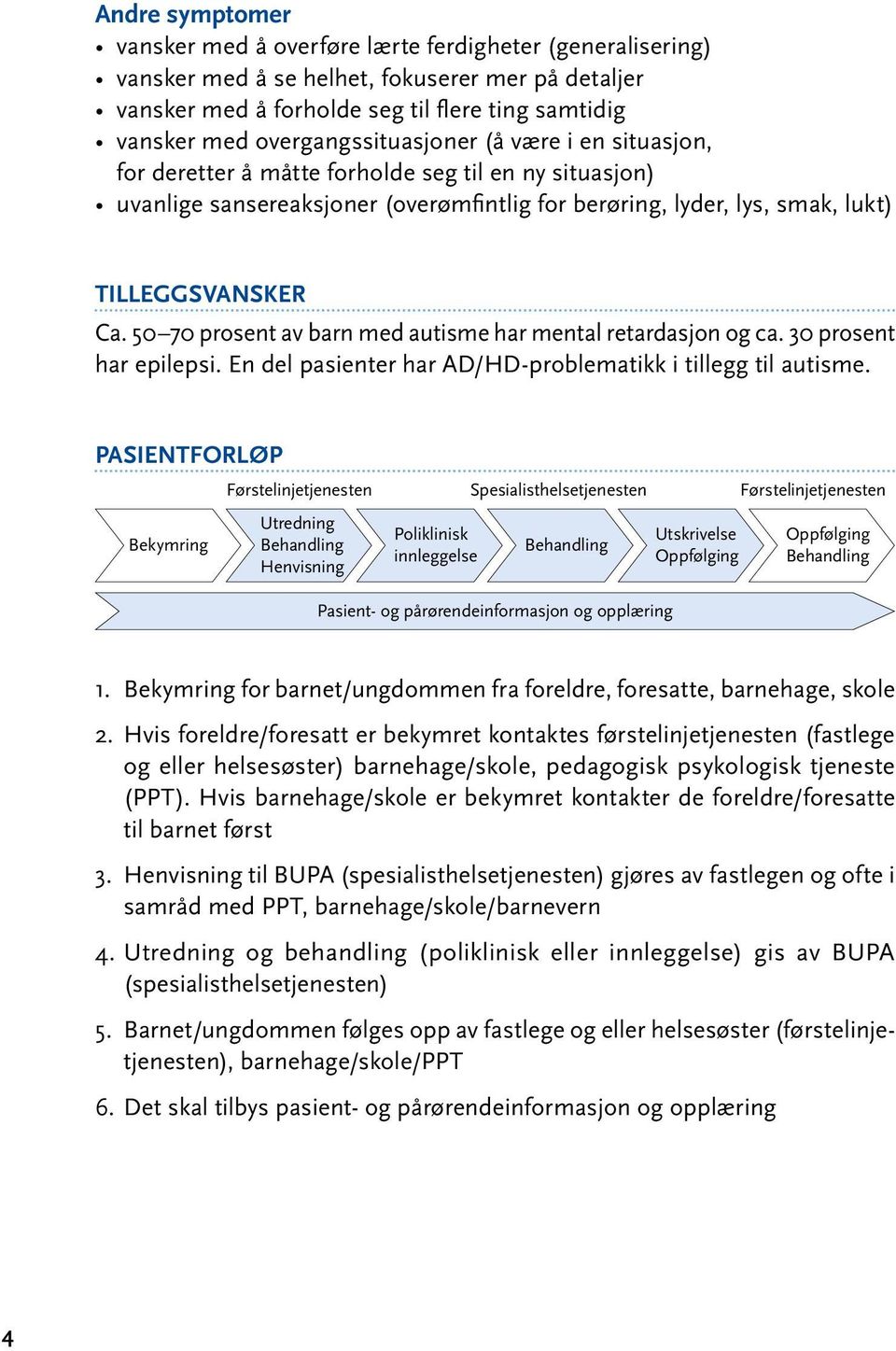 50 70 prosent av barn med autisme har mental retardasjon og ca. 30 prosent har epilepsi. En del pasienter har AD/HD-problematikk i tillegg til autisme.