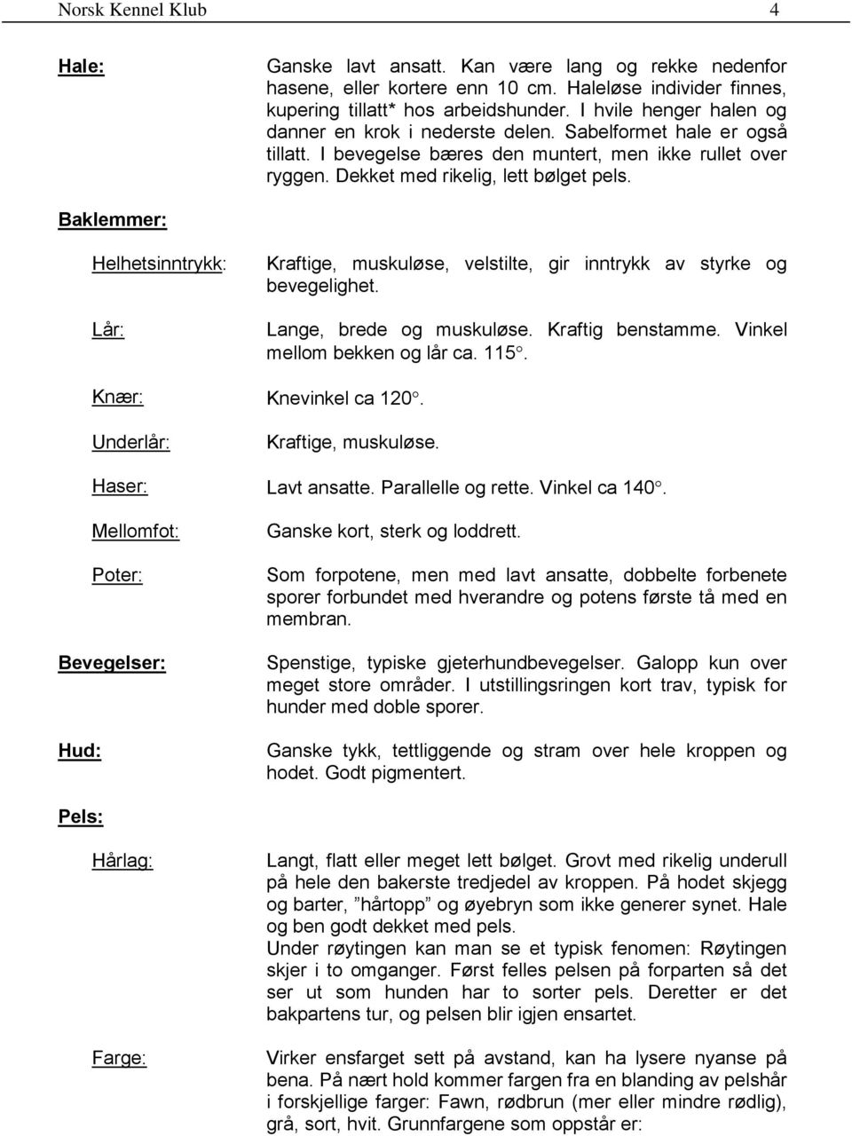 Baklemmer: Helhetsinntrykk: Lår: Kraftige, muskuløse, velstilte, gir inntrykk av styrke og bevegelighet. Lange, brede og muskuløse. Kraftig benstamme. Vinkel mellom bekken og lår ca. 115.