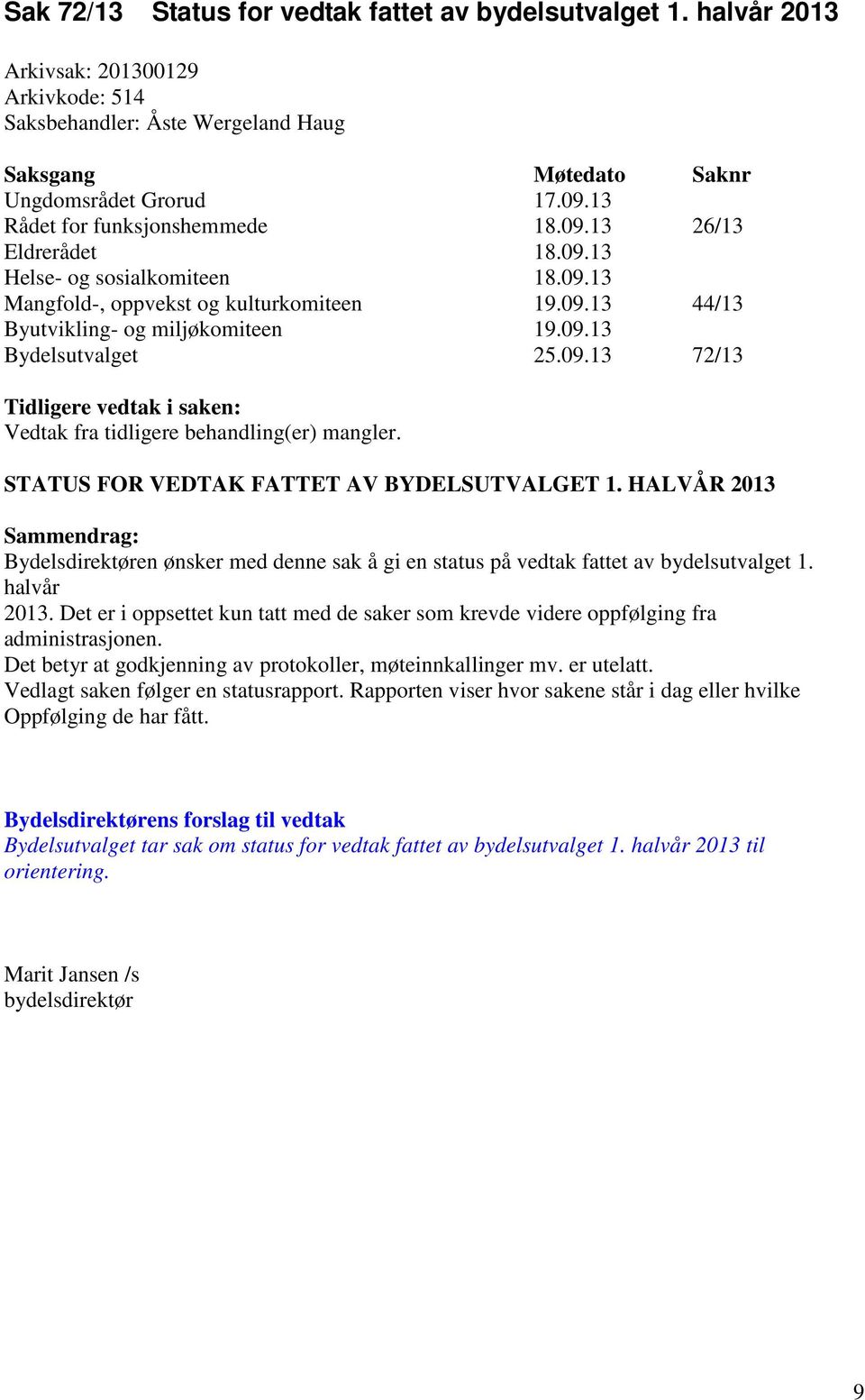 09.13 72/13 Tidligere vedtak i saken: Vedtak fra tidligere behandling(er) mangler. STATUS FOR VEDTAK FATTET AV BYDELSUTVALGET 1.