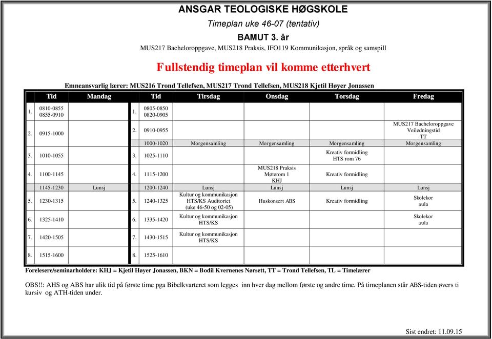 1240-1325 Kultur og kommunikasjon HTS/KS Auditoriet (uke 46-50 og 02-05) Kultur og kommunikasjon HTS/KS Huskonsert ABS Kreativ