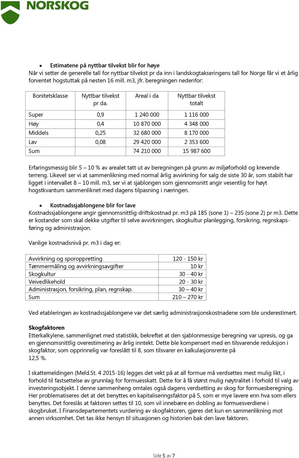 Areal i da Nyttbar tilvekst totalt Super 0,9 1 240 000 1 116 000 Høy 0,4 10 870 000 4 348 000 Middels 0,25 32 680 000 8 170 000 Lav 0,08 29 420 000 2 353 600 Sum 74 210 000 15 987 600 Erfaringsmessig