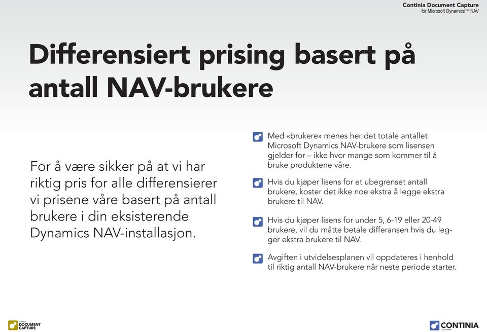 Med «brukere» menes her det totale antallet Microsoft Dynamics NAV-brukere som lisensen gjelder for ikke hvor mange som kommer til å bruke produktene våre.