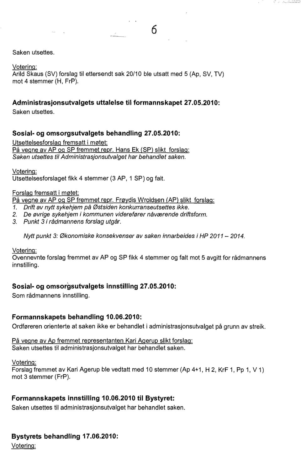 2010: Utsettelsesforslag fremsatt i m0tet: Pa vegne av AP og SP fremmet repro Hans Ek CSP) slikt forslag: Saken utsettes til Administrasjonsutvalget har behandlet saken.