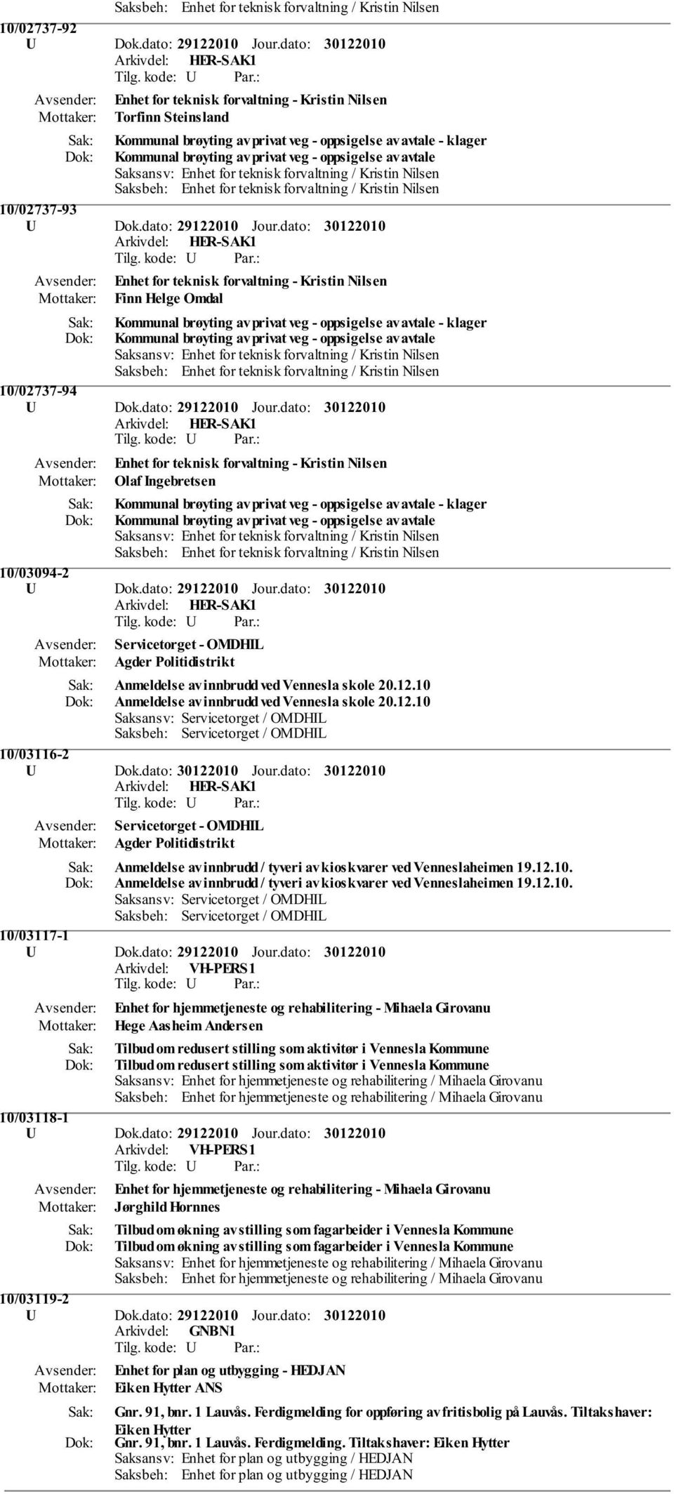 10 Anmeldelse av innbrudd ved Vennesla skole 20.12.10 Saksansv: Servicetorget / OMDHIL Saksbeh: Servicetorget / OMDHIL 10/03116-2 U Dok.dato: Jour.