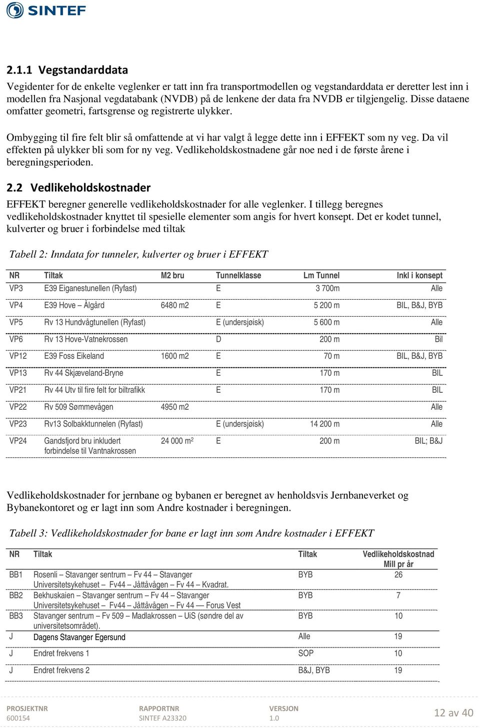 Da vil effekten på ulykker bli som for ny veg. Vedlikeholdskostnadene g noe ned i de første ene i beregningsperioden. 2.