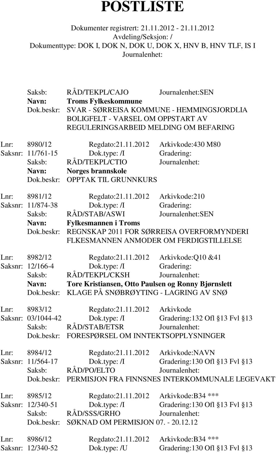 type: /I Gradering: Saksb: RÅD/TEKPL/CTIO Navn: Norges brannskole Dok.beskr: OPPTAK TIL GRUNNKURS Lnr: 8981/12 Regdato:21.11.2012 Arkivkode:210 Saksnr: 11/874-38 Dok.
