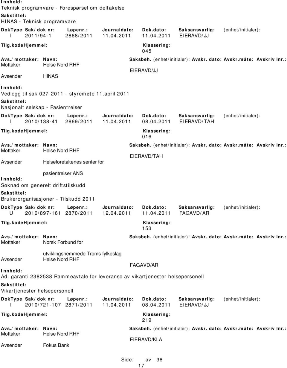 04.2011 EIERAVD/TAH 016 EIERAVD/TAH Helseforetakenes senter for pasientreiser ANS Søknad om generelt driftstilskudd U 2010/897-161 2870/2011 12.04.2011 11.04.2011 Norsk Forbund for utviklingshemmede Troms fylkeslag Ad.