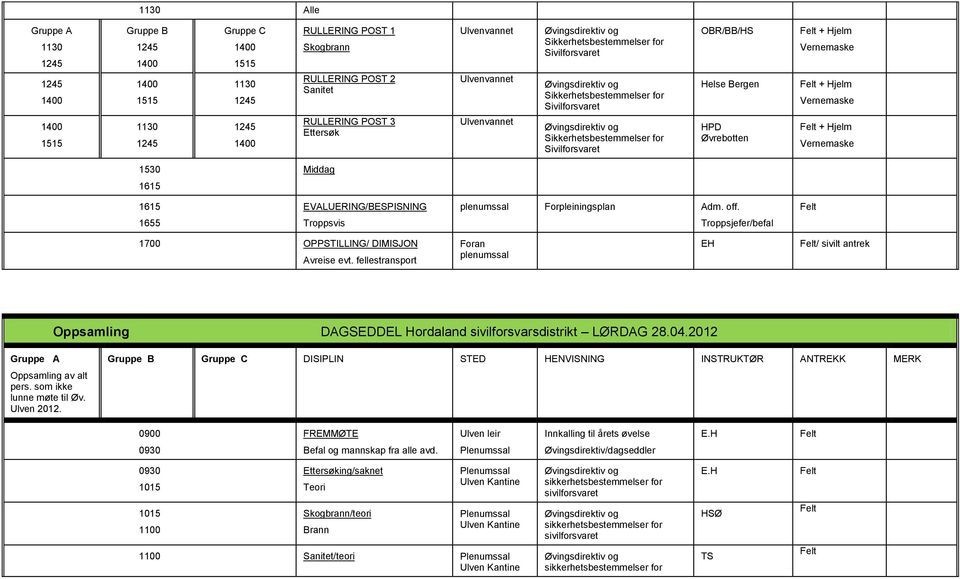 fellestransport Foran plenumssal EH / sivilt antrek Oppsamling DAGSEDDEL Hordaland sivilforsvarsdistrikt LØRDAG 28.04.2012 Oppsamling av alt pers. som ikke lunne møte til Øv.