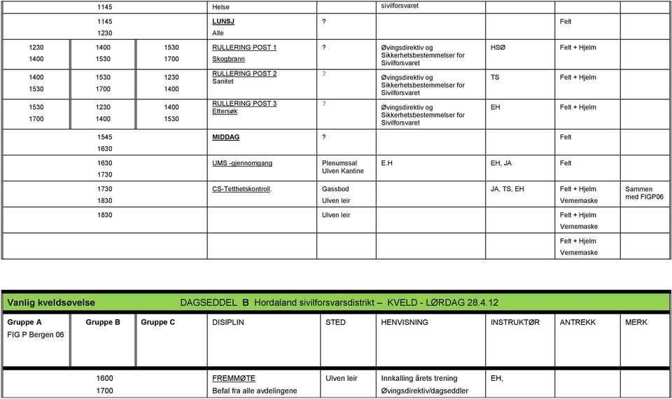 ?? HSØ TS EH + Hjelm + Hjelm + Hjelm 1545 1630 MIDDAG? 1630 UMS -gjennomgang E.H EH, JA 1830 CS-Tetthetskontroll.