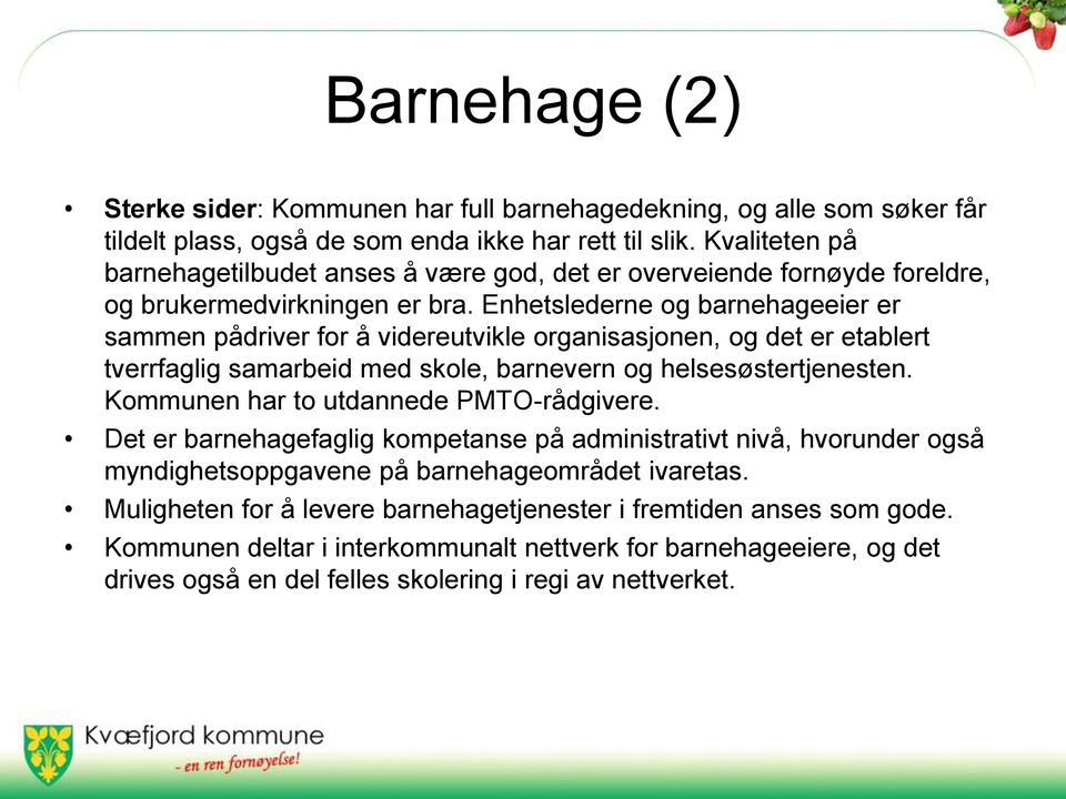 Enhetslederne og barnehageeier er sammen pådriver for å videreutvikle organisasjonen, og det er etablert tverrfaglig samarbeid med skole, barnevern og helsesøstertjenesten.