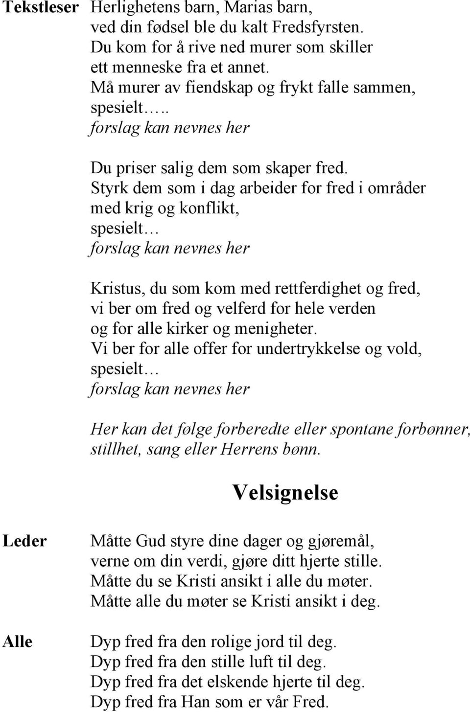 Styrk dem som i dag arbeider for fred i områder med krig og konflikt, spesielt forslag kan nevnes her Kristus, du som kom med rettferdighet og fred, vi ber om fred og velferd for hele verden og for