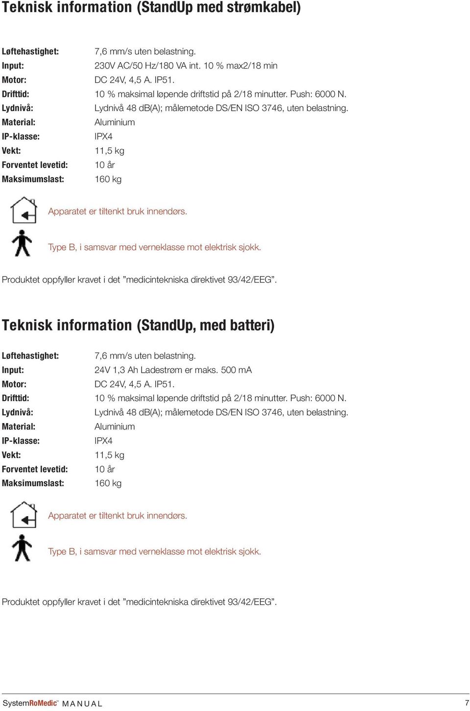 Material: Aluminium IP-klasse: IPX4 Vekt: 11,5 kg Forventet levetid: 10 år Maksimumslast: 160 kg Apparatet er tiltenkt bruk innendørs. Type B, i samsvar med verneklasse mot elektrisk sjokk.