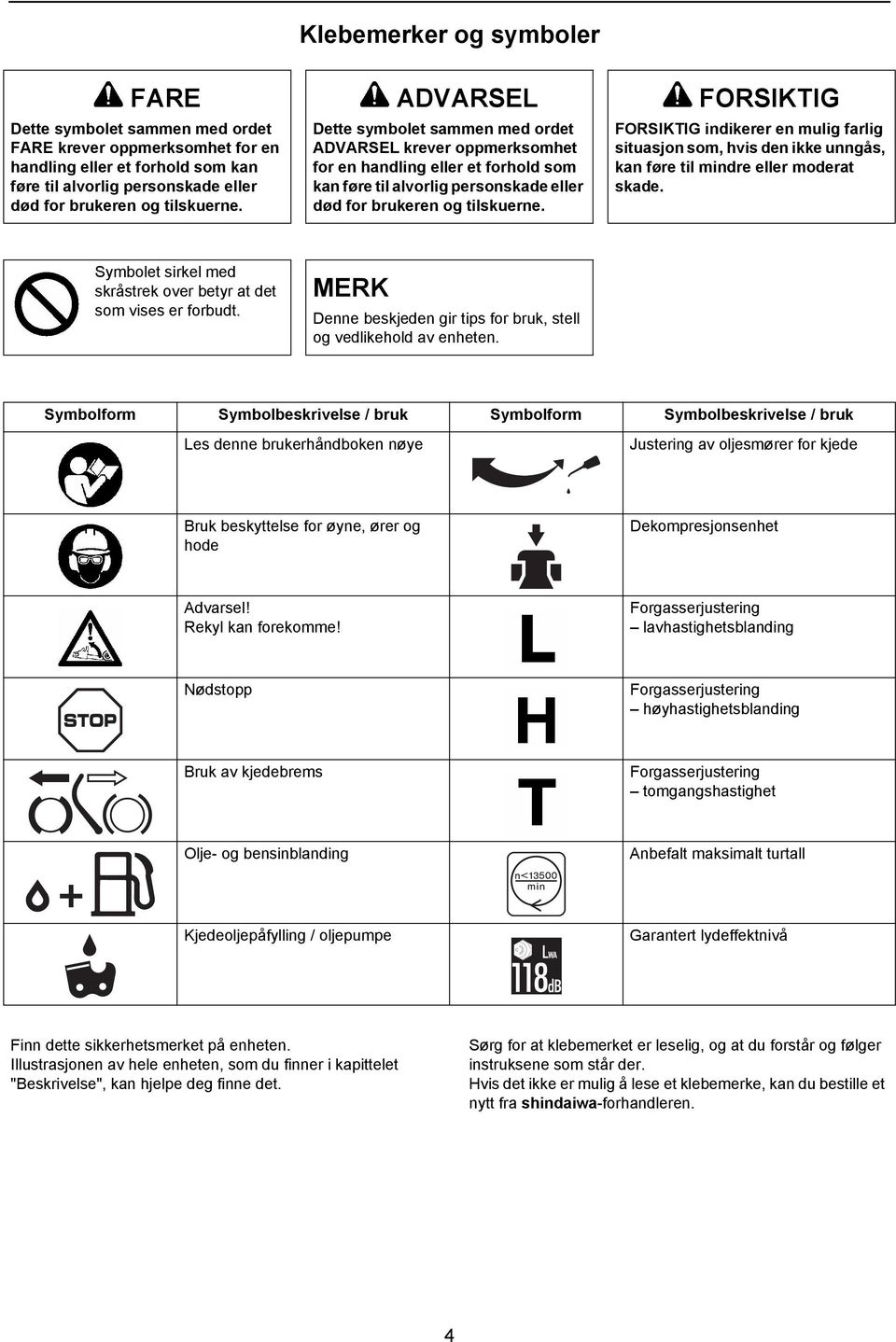 FORSIKTIG indikerer en mulig farlig situasjon som, hvis den ikke unngås, kan føre til mindre eller moderat skade. Symbolet sirkel med skråstrek over betyr at det som vises er forbudt.