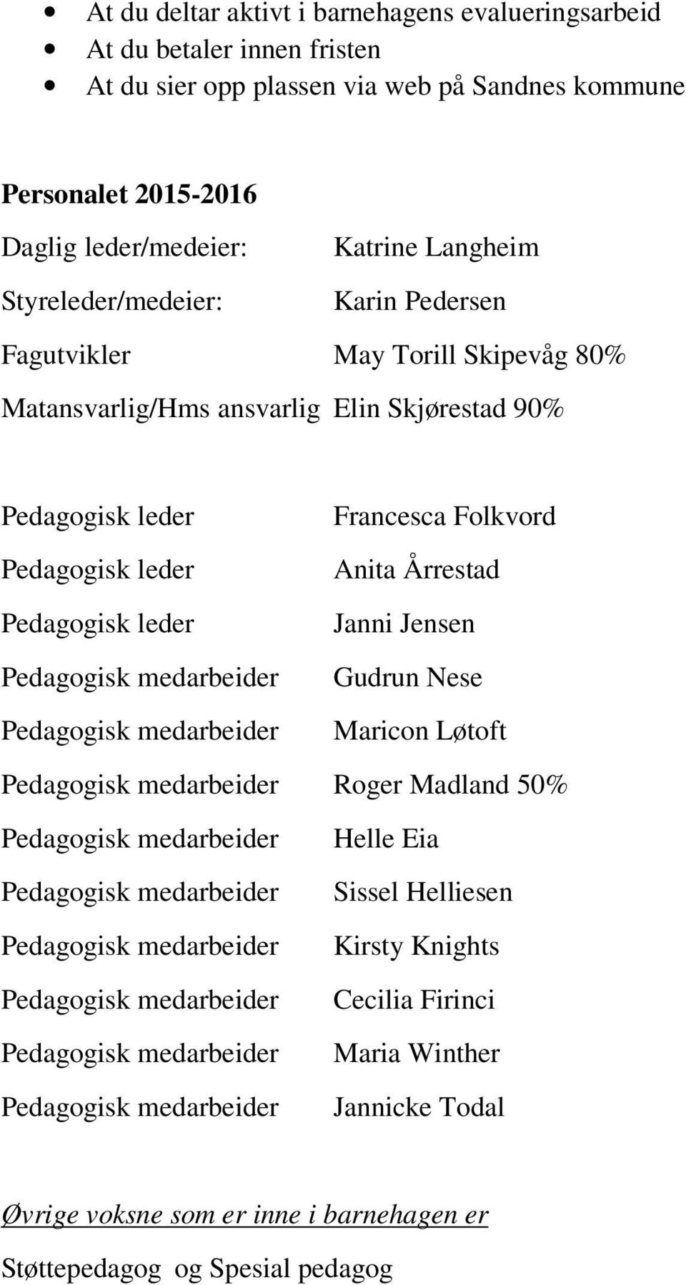 90% Pedagogisk leder Pedagogisk leder Francesca Folkvord Anita Årrestad Pedagogisk leder Janni Jensen Gudrun Nese Maricon Løtoft Roger Madland 50% Helle