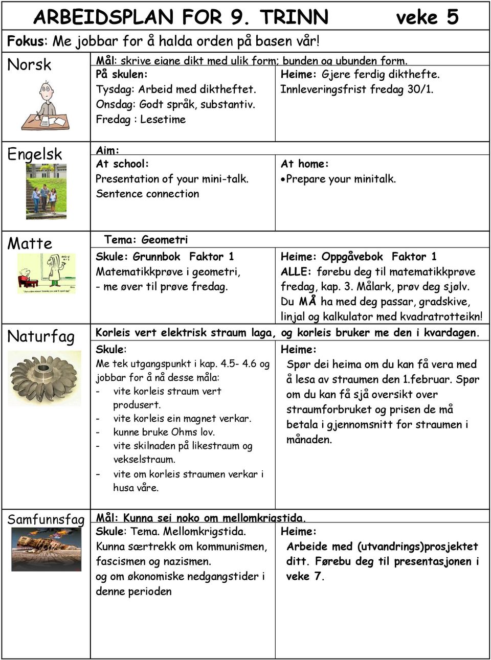 Sentence connection At home: Prepare your minitalk. Matte Naturfag Tema: Geometri Skule: Grunnbok Faktor 1 Matematikkprøve i geometri, - me øver til prøve fredag.