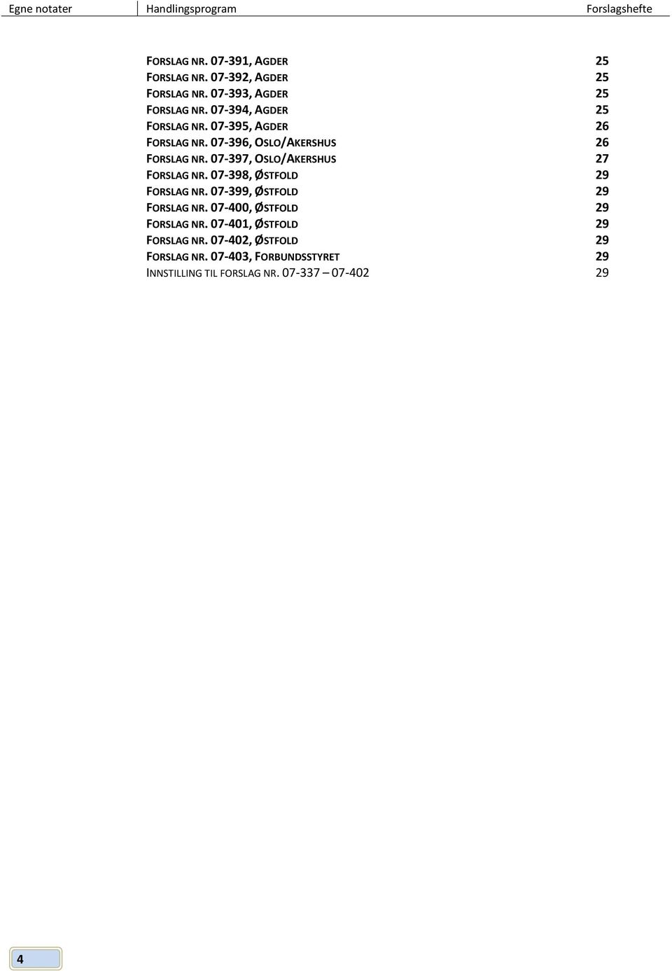 07-397, OSLO/AKERSHUS 27 FORSLAG NR. 07-398, ØSTFOLD 29 FORSLAG NR. 07-399, ØSTFOLD 29 FORSLAG NR.