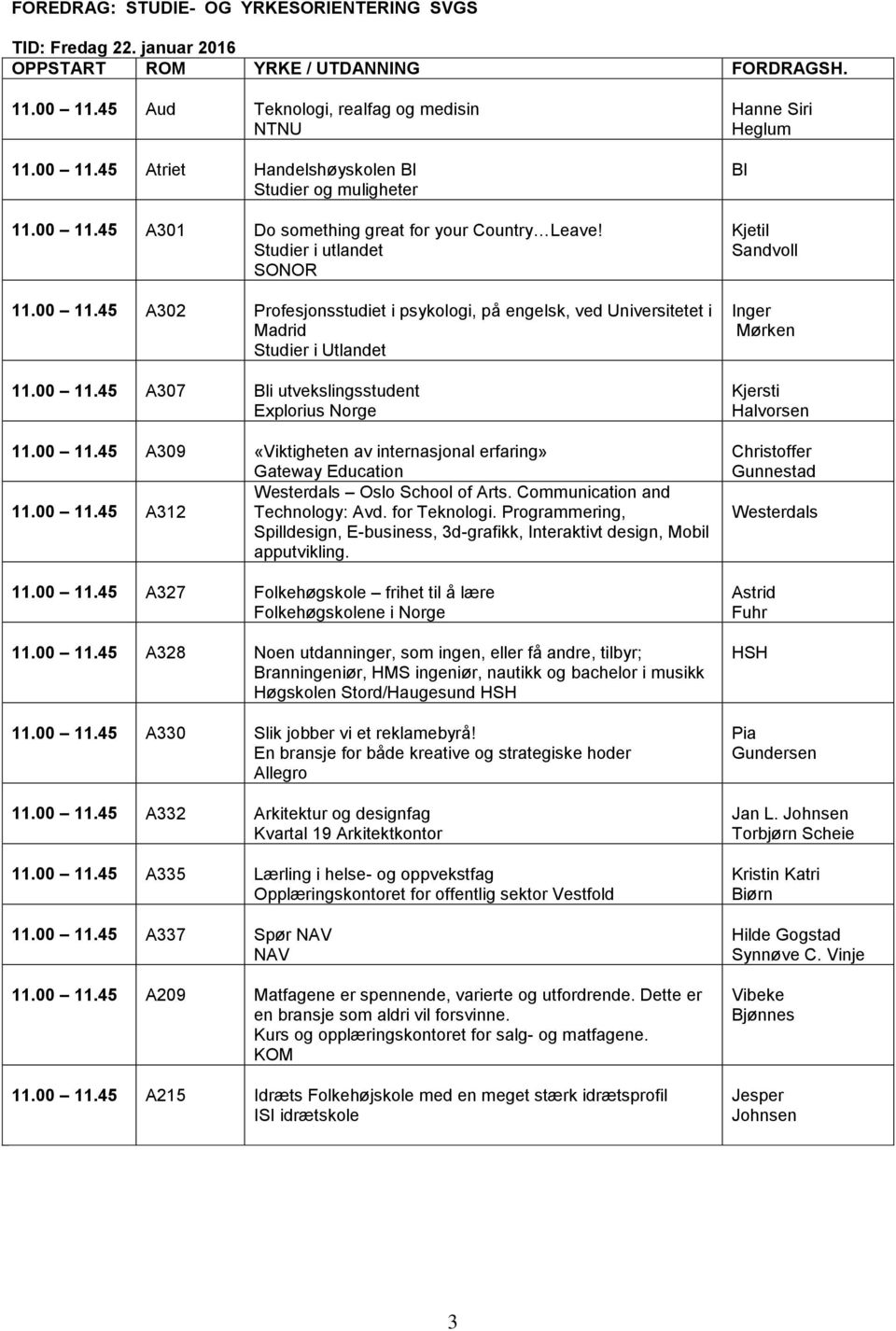 Communication and 11.00 11.45 A312 Technology: Avd. for Teknologi. Programmering, Spilldesign, E-business, 3d-grafikk, Interaktivt design, Mobil apputvikling. 11.00 11.45 A327 Folkehøgskole frihet til å lære Folkehøgskolene i Norge 11.