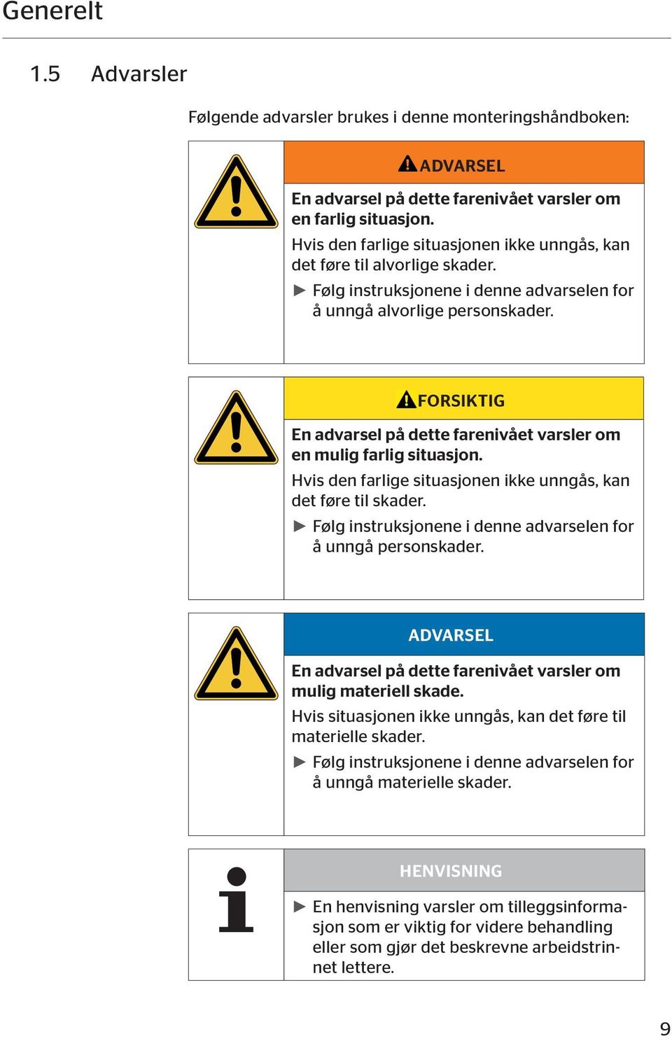 FORSIKTIG En advarsel på dette farenivået varsler om en mulig farlig situasjon. Hvis den farlige situasjonen ikke unngås, kan det føre til skader.