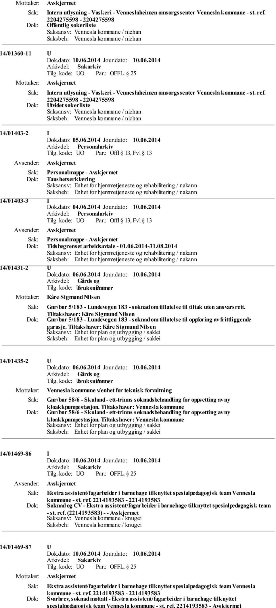 25  2204275598-2204275598 Utvidet søkerliste Saksansv: Vennesla kommune / nichan Saksbeh: Vennesla kommune / nichan 14/01403-2 I Personalmappe - Taushetserklæring Saksansv: Enhet for hjemmetjeneste