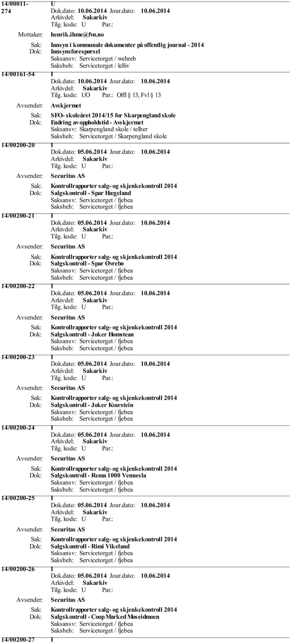 skole Endring av oppholdstid - Saksansv: Skarpengland skole / telber Saksbeh: Servicetorget / Skarpengland skole 14/00200-20 I Securitas AS Kontrollrapporter salg- og skjenkekontroll 2014