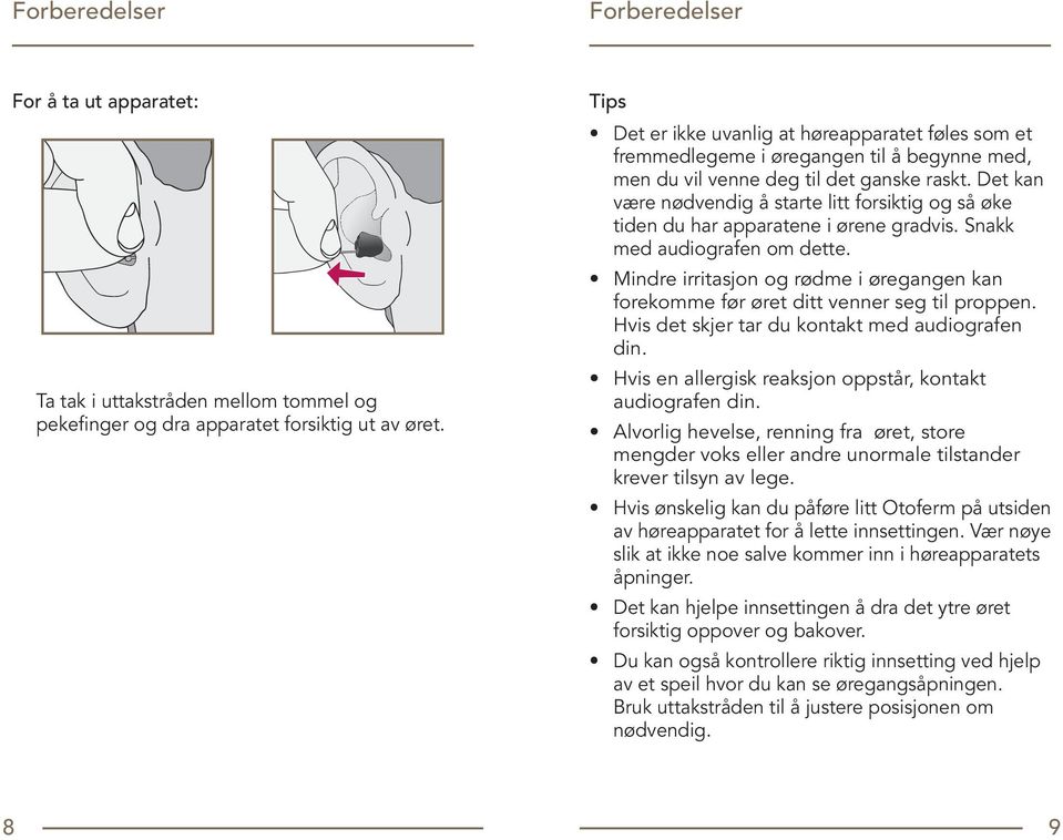 Det kan være nødvendig å starte litt forsiktig og så øke tiden du har apparatene i ørene gradvis. Snakk med audiografen om dette.