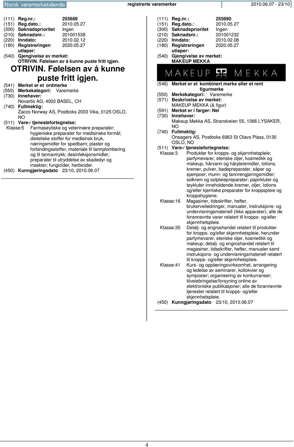 Novartis AG, 4002 BASEL, CH Zacco Norway AS, Postboks 2003 Vika, 0125 OSLO, NO Klasse:5 Farmasøytiske og veterinære preparater; hygieniske preparater for medisinske formål; dietetiske stoffer for