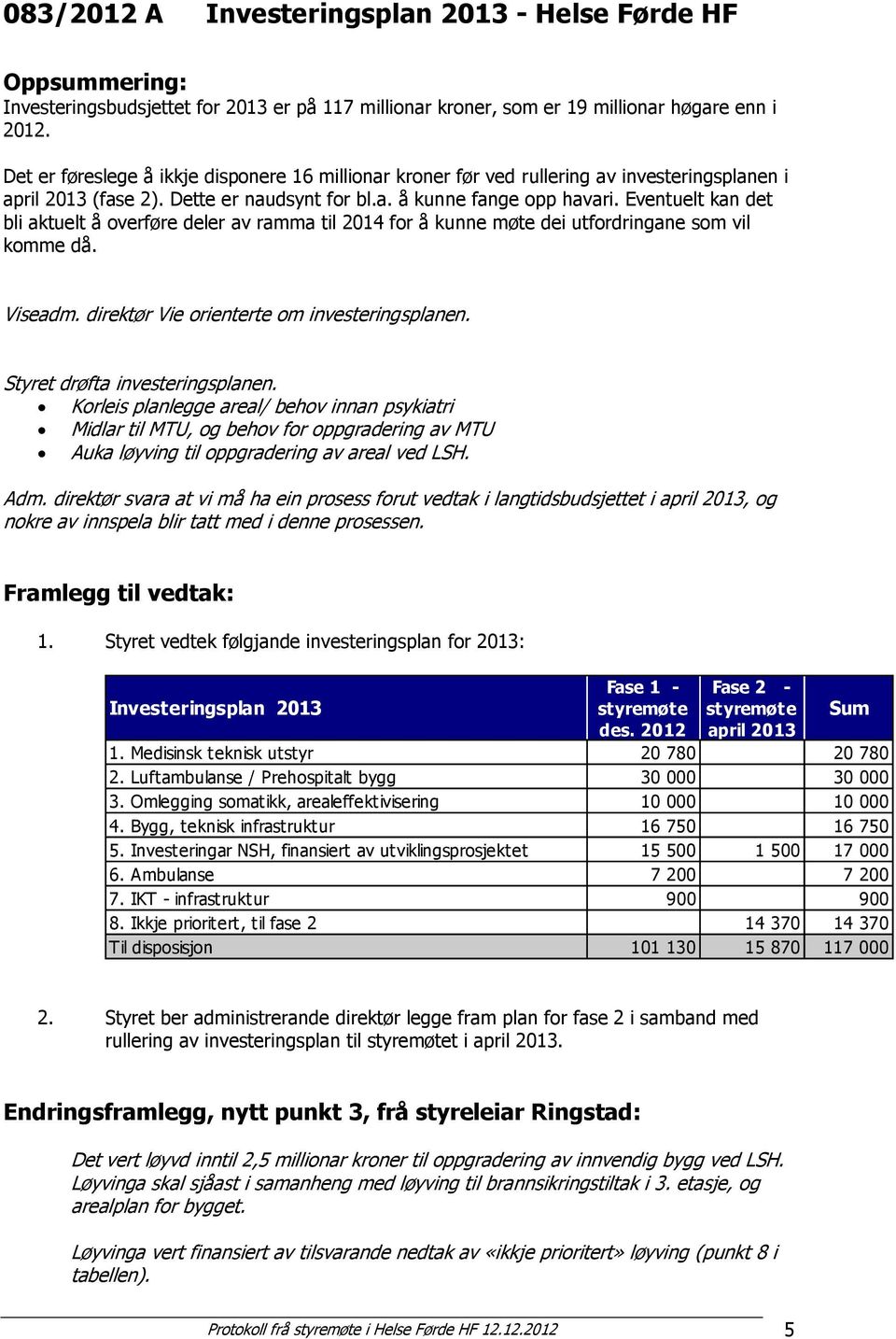 Eventuelt kan det bli aktuelt å overføre deler av ramma til 2014 for å kunne møte dei utfordringane som vil komme då. Viseadm. direktør Vie orienterte om investeringsplanen.