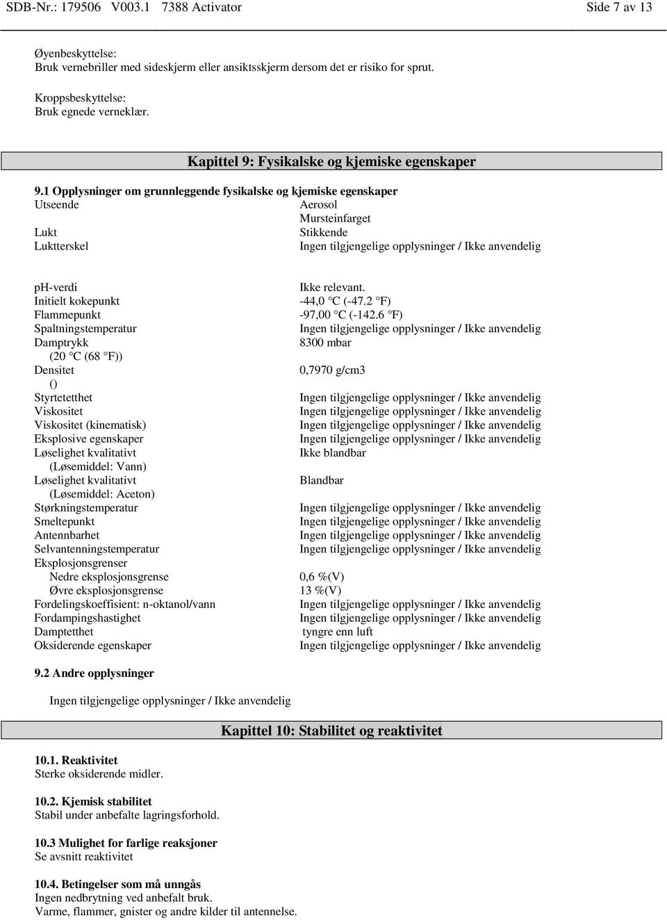 1 Opplysninger om grunnleggende fysikalske og kjemiske egenskaper Utseende Aerosol Mursteinfarget Lukt Stikkende Luktterskel ph-verdi Initielt kokepunkt Flammepunkt Spaltningstemperatur Damptrykk (20