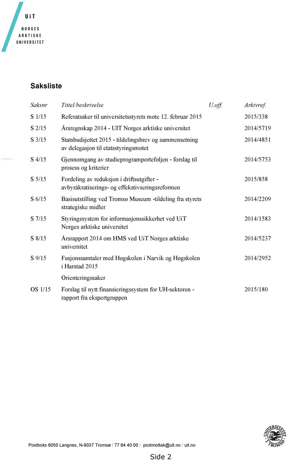 Gjennomgang av studieprogramporteføljen - forslag til prosess og kriterier S 5/15 Fordeling av reduksjon i driftsutgifter - avbyråkratiserings- og effekstivseringsreformen S 6/15 S 7/15 S 8/15 S 9/15