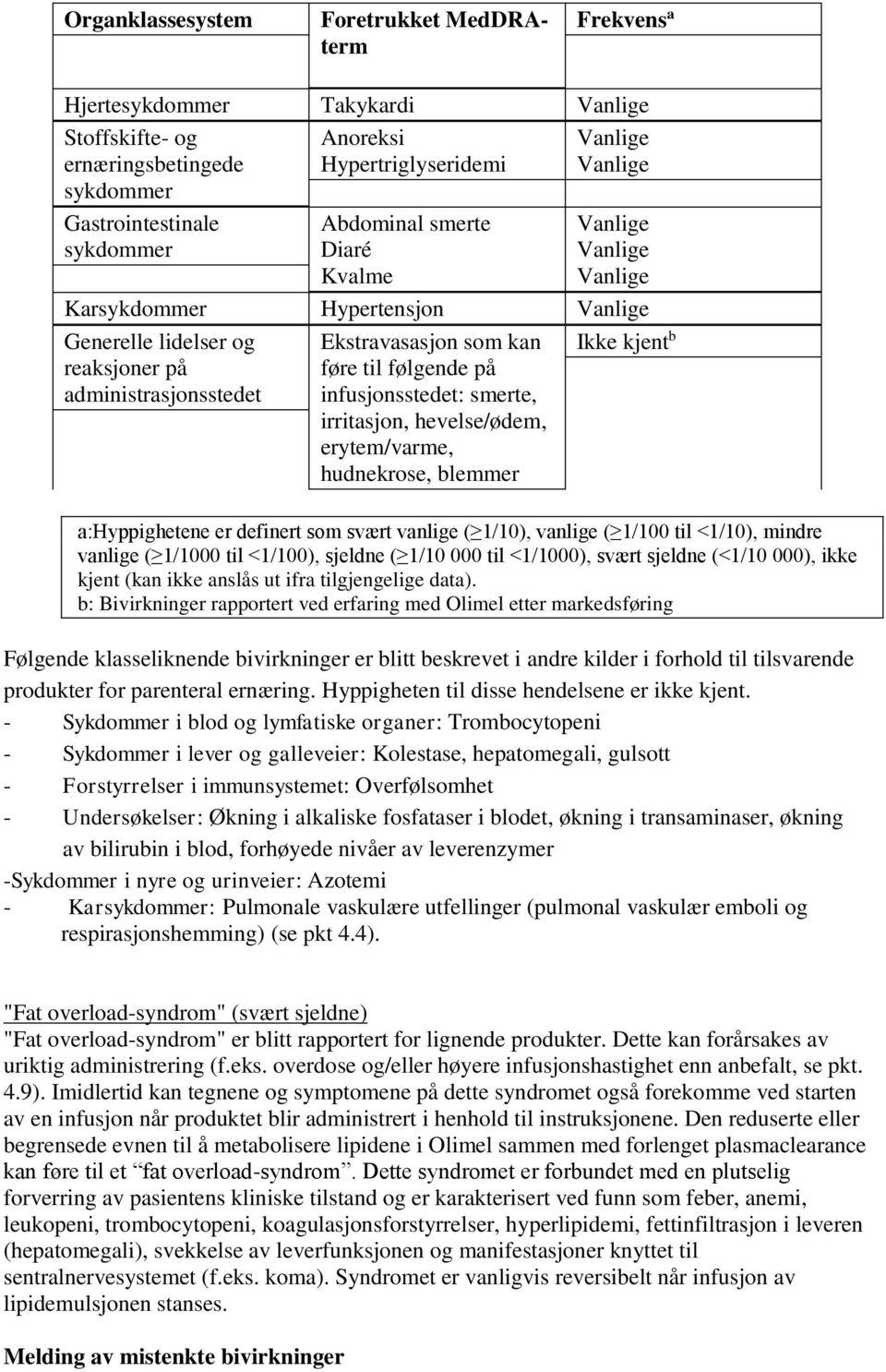 infusjonsstedet: smerte, irritasjon, hevelse/ødem, erytem/varme, hudnekrose, blemmer Ikke kjent b a:hyppighetene er definert som svært vanlige ( 1/10), vanlige ( 1/100 til <1/10), mindre vanlige (