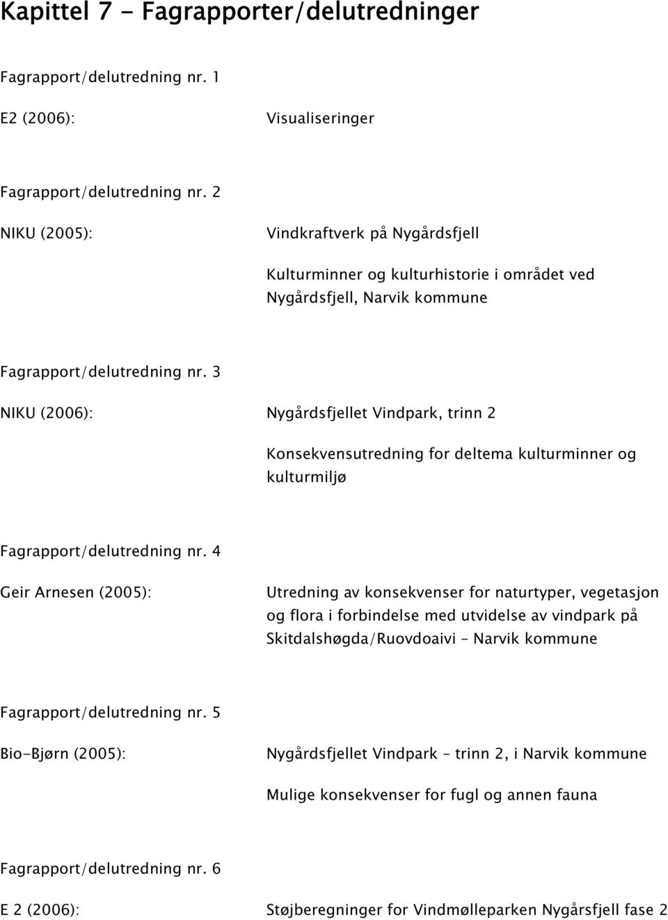 3 NIKU (2006): Nygårdsfjellet Vindpark, trinn 2 Konsekvensutredning for deltema kulturminner og kulturmiljø Fagrapport/delutredning nr.