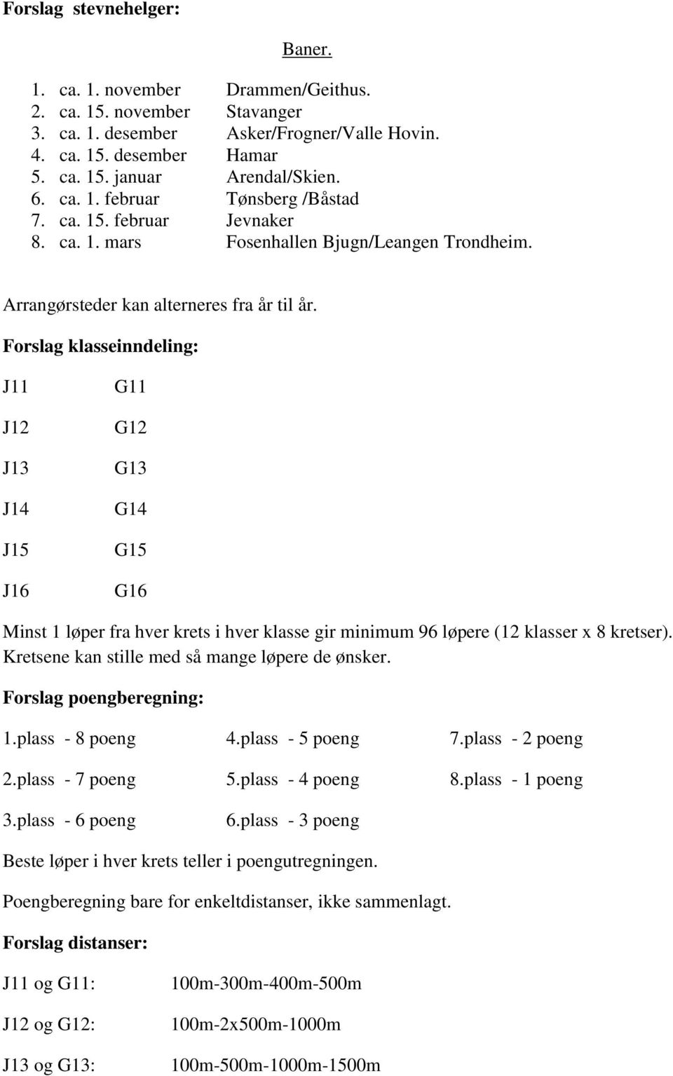 Forslag klasseinndeling: J11 J12 J13 J14 J15 J16 G11 G12 G13 G14 G15 G16 Minst 1 løper fra hver krets i hver klasse gir minimum 96 løpere (12 klasser x 8 kretser).